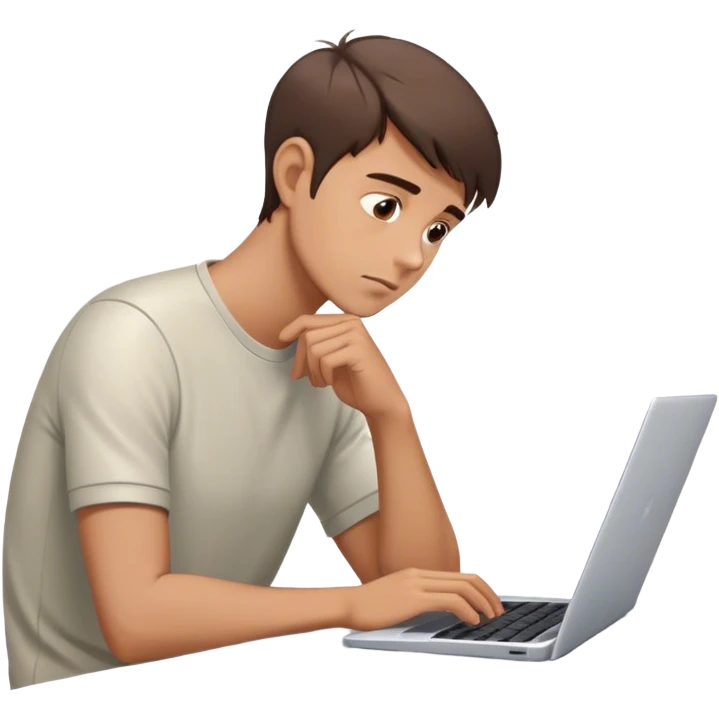 Emoji: A man with short brown hair, deep in thought while working on a laptop. He slightly leans forward, one hand on the keyboard, the other near his chin as if analyzing something important. Futuristic but minimalistic style. emoji