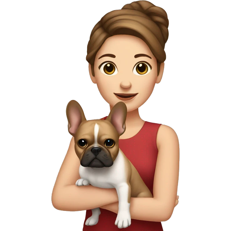 Brown haired Woman holding tan French bulldog emoji