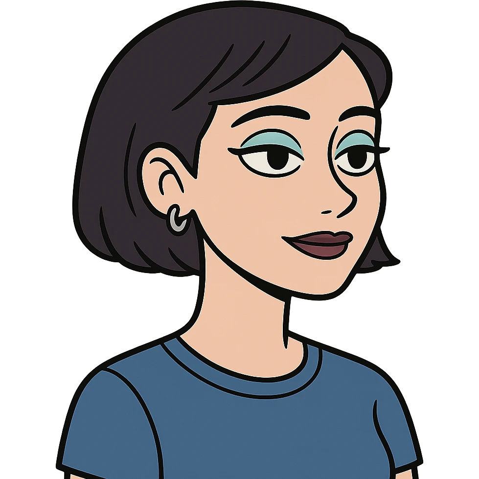 profile picture of a 22-year-old girl with short hair, cool tone makeup, blue shirt, flat toon style emoji