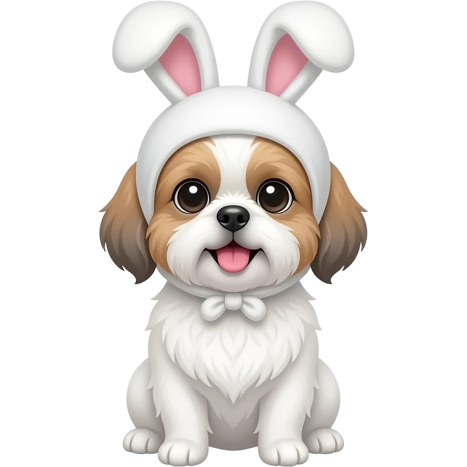 White Shih Tzu, light brown/gray ears, with a bunny hat emoji
