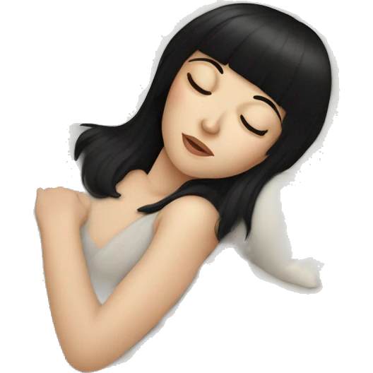 Woman pale skin black hair with bangs sleeping in bed with pillow, white woman emoji