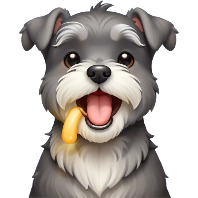 Cinematic Cute Yawning Miniature Schnauzer Portrait Emoji, Head cocked with a wide, adorable yawn and droopy, charming eyes, featuring a neatly trimmed, lovable salt-and-pepper fur, simplified yet irresistibly cute, highly detailed, glowing with a warm, relaxed radiance, high shine, exuding a sleepy yet spirited charm, styled with a soft, cozy glowing outline, capturing the essence of a Miniature Schnauzer mid-yawn, radiating pure, drowsy cuteness! emoji