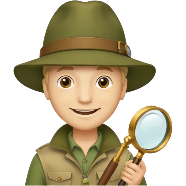  man in beige moss green explorer outfit, hat, holding magnifying glass, smile emoji