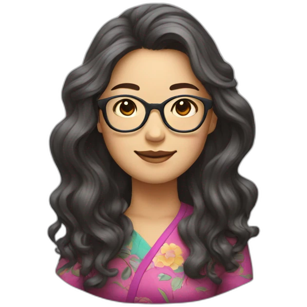 Chinese lady with long wavy hair to the shoulder wear glasses wear colorful top emoji