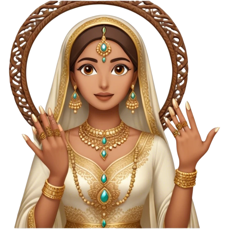 An Arab woman takes a mirror selfie, showcasing her beautifully adorned hands with intricate henna designs and long, elegant nails. She wears multiple gold rings that complement her shimmering golden traditional outfit. emoji