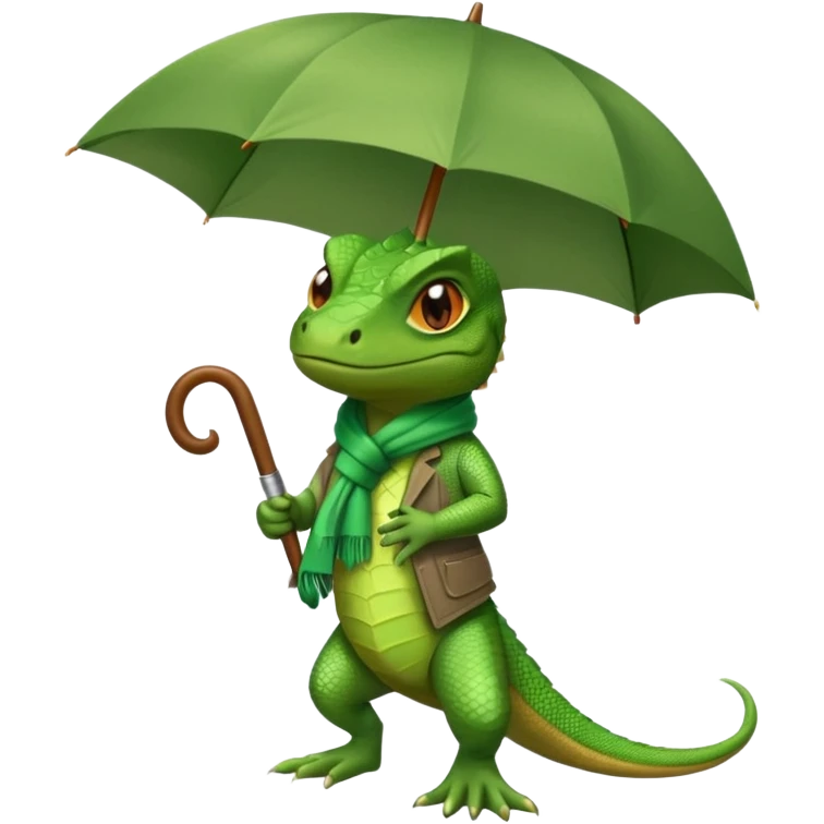 lizard wearing shoes and a scarf, holding an umbrella, grumpy expression emoji