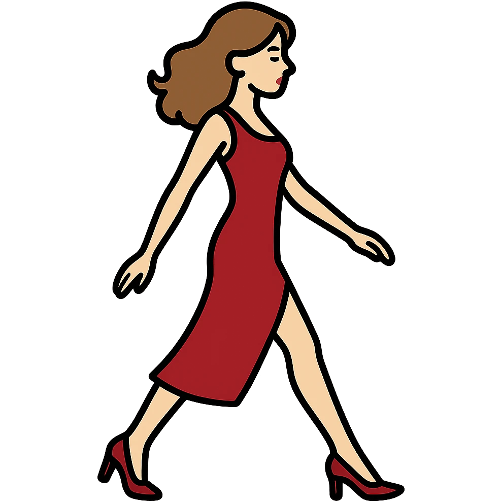 Depict the same girl from the previous reference (Screenshot_16.png) with the same appearance, hairstyle, red dress, and shoes in the style and color as before, but with the pose of arms and legs as shown in the new sketch (1 (3).png). Ensure the entire figure is fully in frame without cropping any body parts. Transparent background. emoji