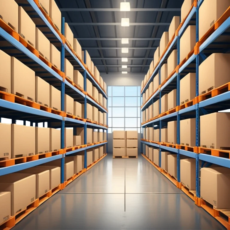 Modern warehouse interior 🏭 ultra-realistic 4K 📸 industrial shelves 📦 pallets stacked neatly 🏗️ soft lighting 💡 realistic shadows 🌑 sharp focus 🔎 cinematic depth 🎬 professional photography ✨ emoji