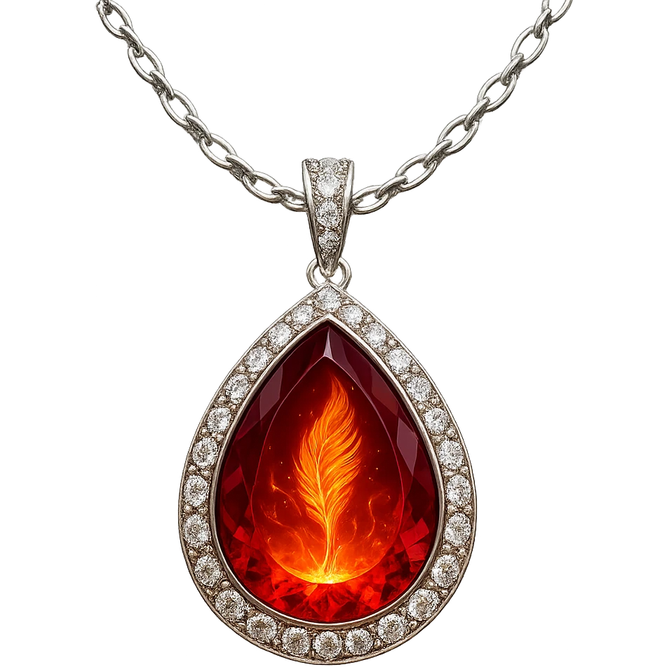 A teardrop ruby pendant with fiery light, a tiny phoenix feather emerging, haloed by shimmering white stones, and a silver chain like liquid moonlight emoji