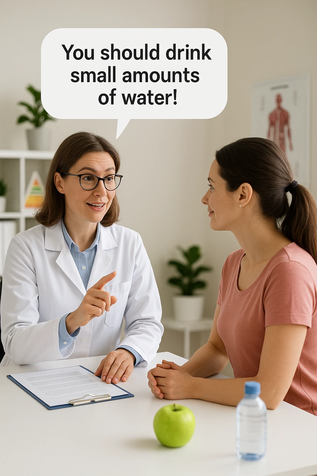 Nutrizionista dice ad una donna "devi bere piccole quantità d'acqua!" emoji
