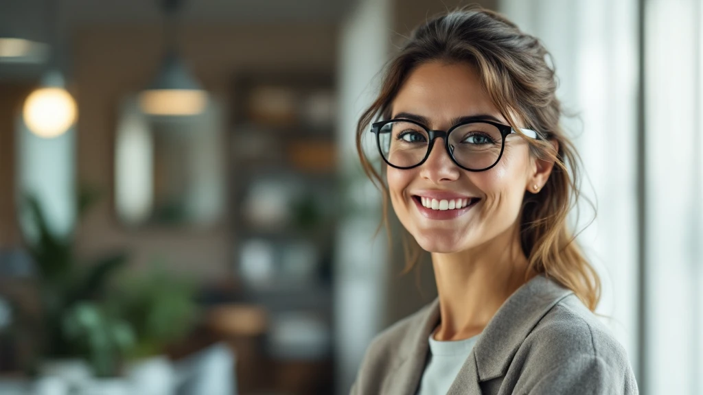 Cinematic still, Proffesional advertising of a smiling european white woman with glasses smiling, minimalistic ophthalmologist interior in background, leading  lines, "rule of thirds", 60/30/10 colors, soft light emoji