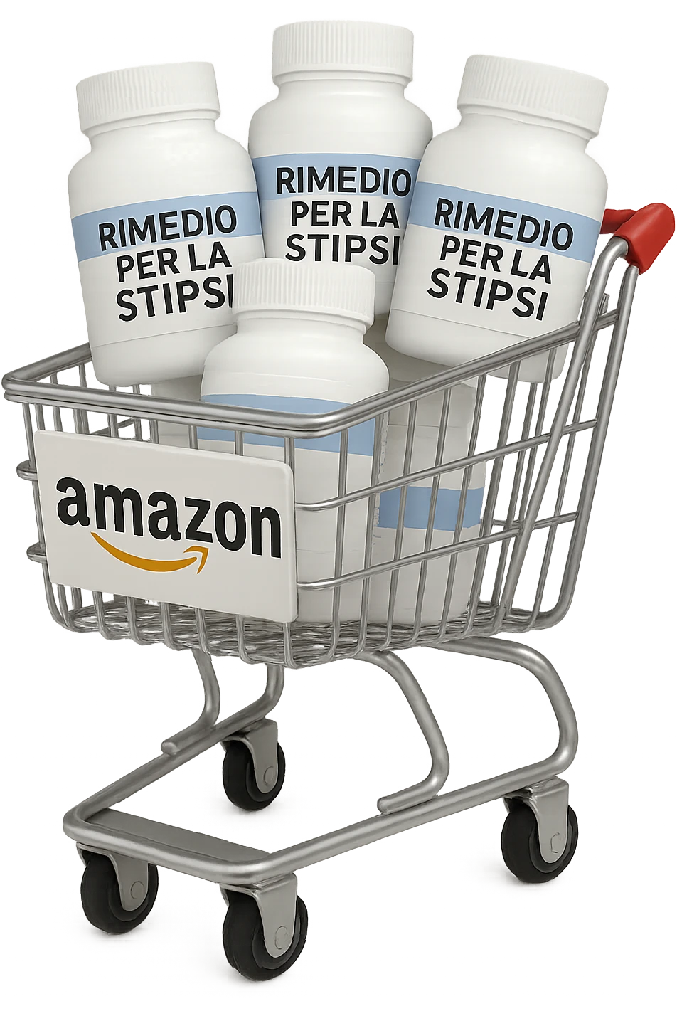 emoji stile iphone di un carrello per la spesa con l'icona di amazon stampata sopra, dentro al carretto ci sono varie boccette di integratori con la scritta "RIMEDIO PER LA STIPSI", iperrealistico 4k emoji