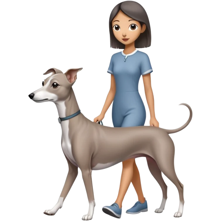 Beautiful Asian girl with cute features walking an all grey Italian greyhound with no white nose emoji