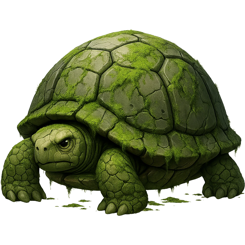 Add moss and cracks to the grumpy stone tortoise. Keep the background transparent. emoji