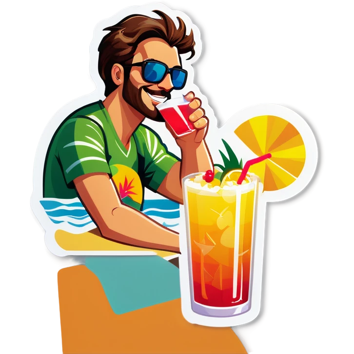 Chris drinking a tropical cocktail at the beach emoji