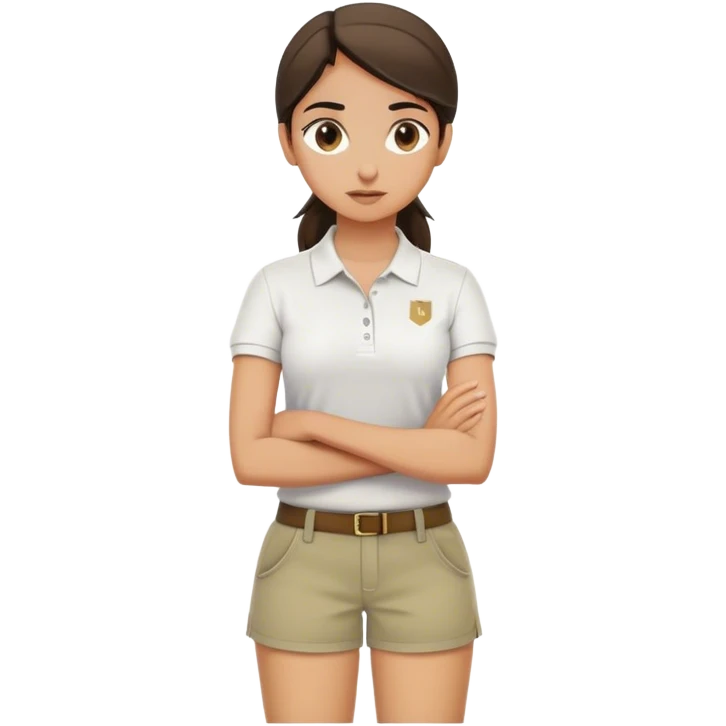 Pool attendant. white polo shirt. khaki shorts. Arabic. Arms crossed. girl emoji