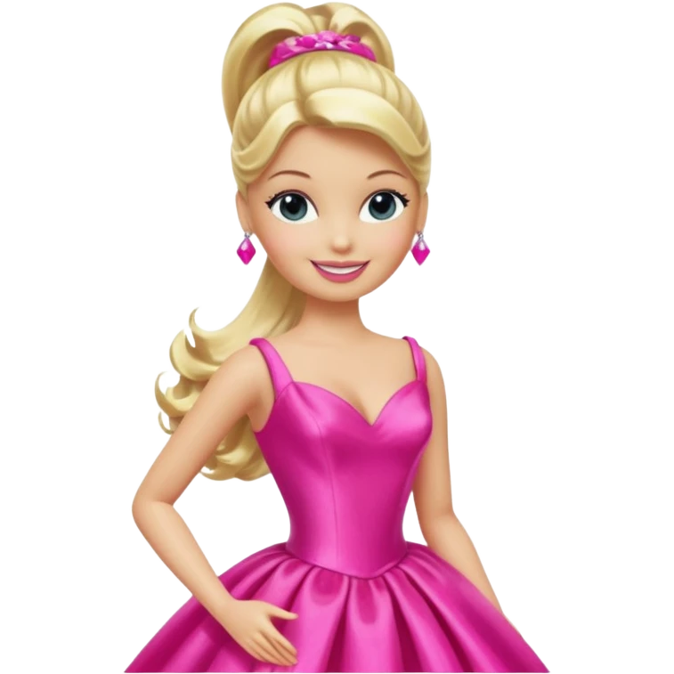 En klassisk blond modedukke med høj hestehale, iført en glamourøs hot pink aftenkjole, skinnende plastik-tekstur, smilende, ikonisk legetøjs-æstetik. emoji