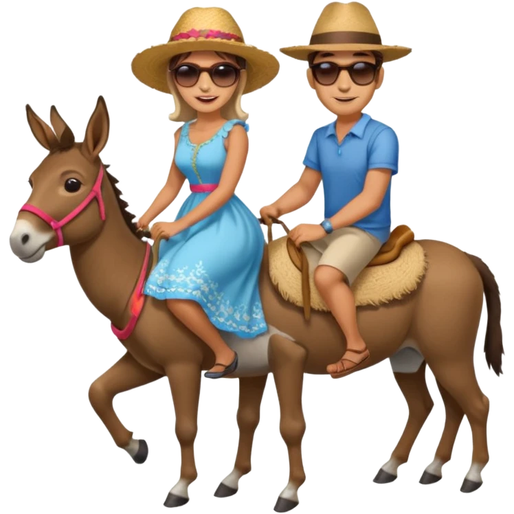 a lady on a donkey while the man is walking alongside the donkey emoji