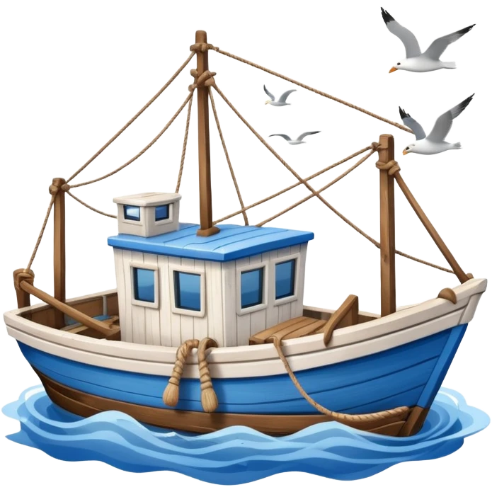 Design a small fishing boat with nets & seagulls around it. emoji