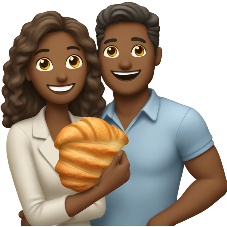 a happy woman and a man are friends and holding a croissant emoji
