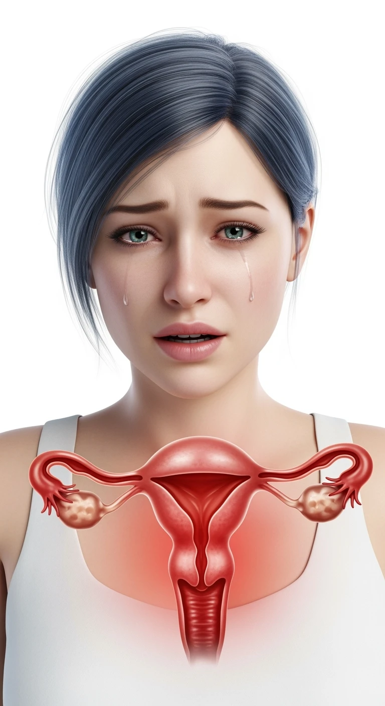 donna con utero umano realistico in evidenza dolorante, espressione di dolore in volto, sfondo bianco, iperrealistica 4k emoji
