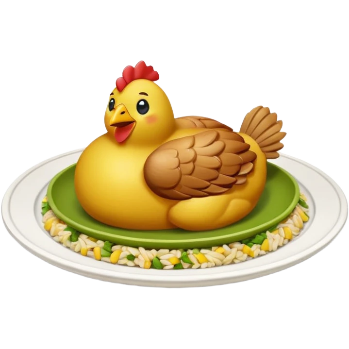 moji 3D de plato redondo con pechuga de pollo a la plancha en tiras, arroz blanco, rodajas de aguacate y maíz amarillo, vista desde arriba, fondo blanco, estilo simple. emoji