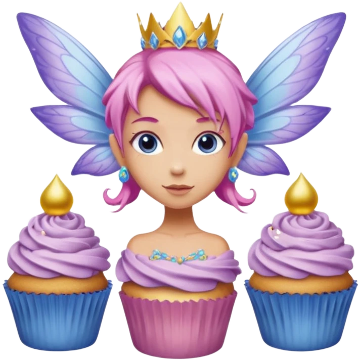 beige fairy cupcakes with yellow frosted icing on top and a enchantress fairy with tanned skin and pink hair and lilac wings and blue eyes wearing a dusky pink embellished gown decoration emoji