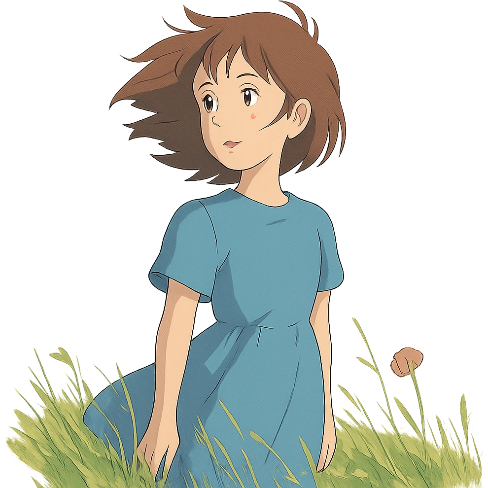 young girl with wind-blown hair standing in a field, ghibli style emoji