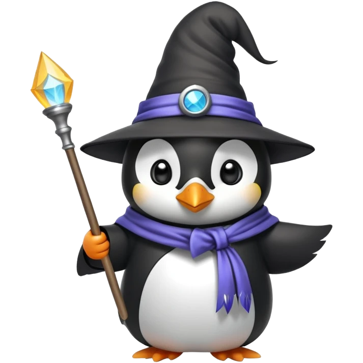 A cute penguin wearing a wizard hat and robe, holding a magic wand emoji