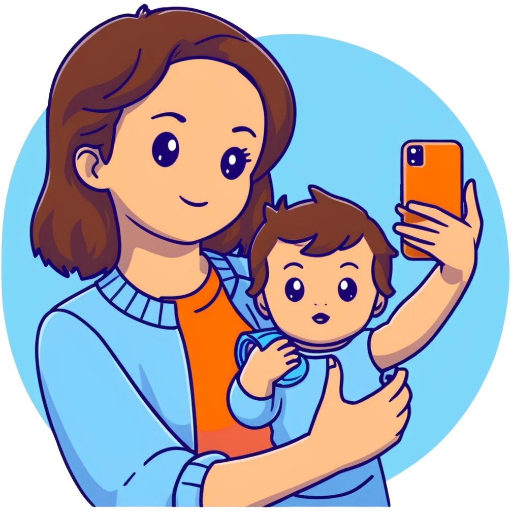 brunette girl with brown hair wearing pastel blue clothes holding a baby and taking a selfie emoji