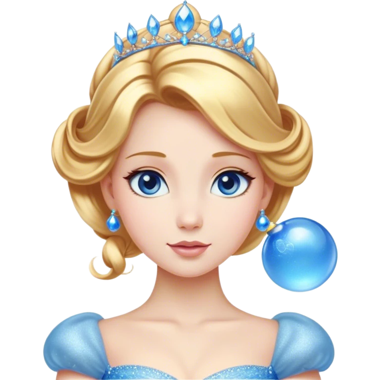 Cinematic Stunning Cinderella Portrait Emoji, Radiant in her sparkling blue ball gown, golden hair in a perfect updo, soft blue eyes full of wonder, glistening tiara, glowing with an ethereal beauty, regal yet kind, a dreamlike aura surrounds her, capturing the essence of a fairy tale princess, elegant and breathtaking! emoji