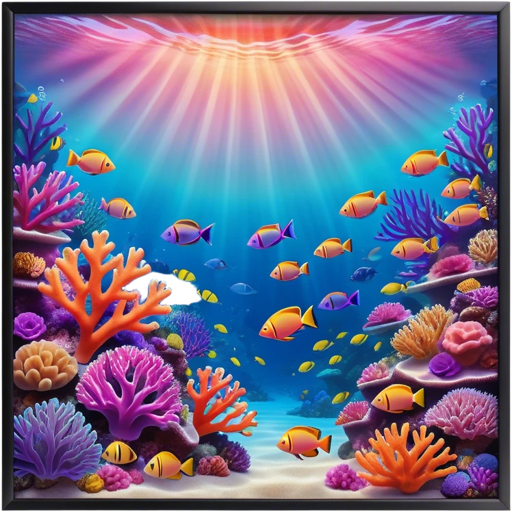Cinematic Realistic Coral Reef Emoji in a wooden frame, Vibrant and alive, with colorful corals in hues of pink, purple, and orange, swaying gently with the underwater currents. Schools of tropical fish dart between the coral, with soft rays of sunlight piercing through the clear blue water above, creating a magical, serene underwater world. Soft glowing outline, capturing the essence of the bustling, colorful, and peaceful aquatic paradise. emoji