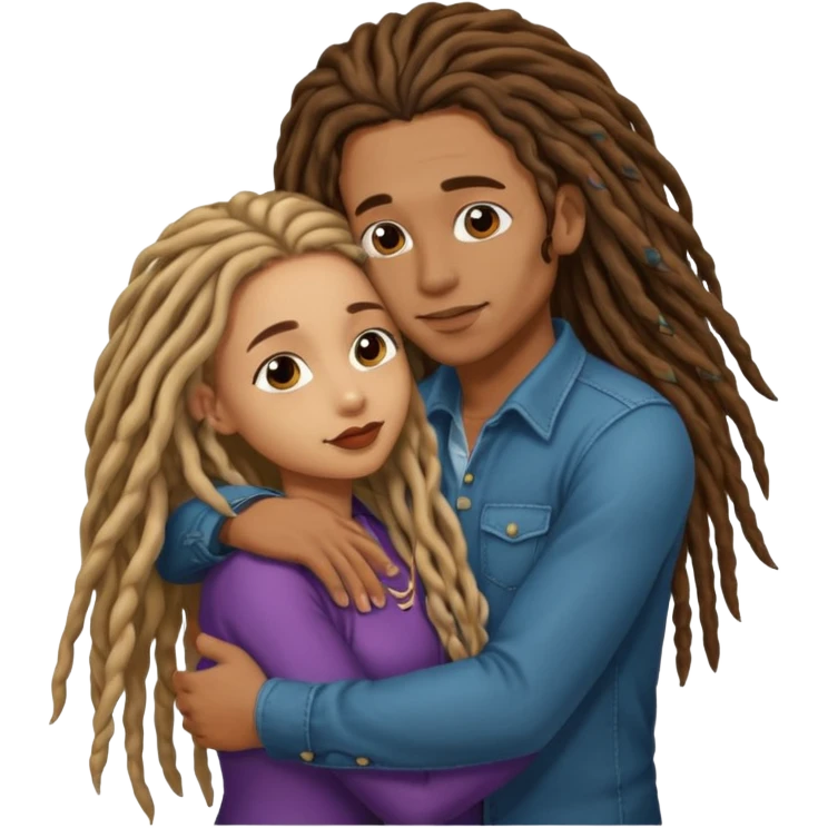 light skin man with dreadlocks, and brown skin girl with nice long hair. kissing and hugging.  emoji