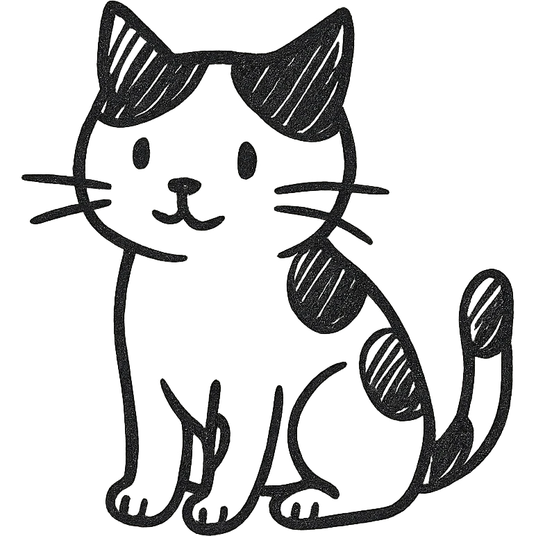 calico cat, minimal, hand drawn black outline emoji