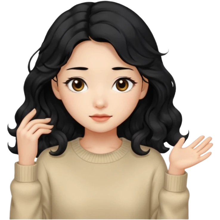 Beautiful girl,Black hair, wavy long hair,Black eyes,Chinese, beige sweater  emoji