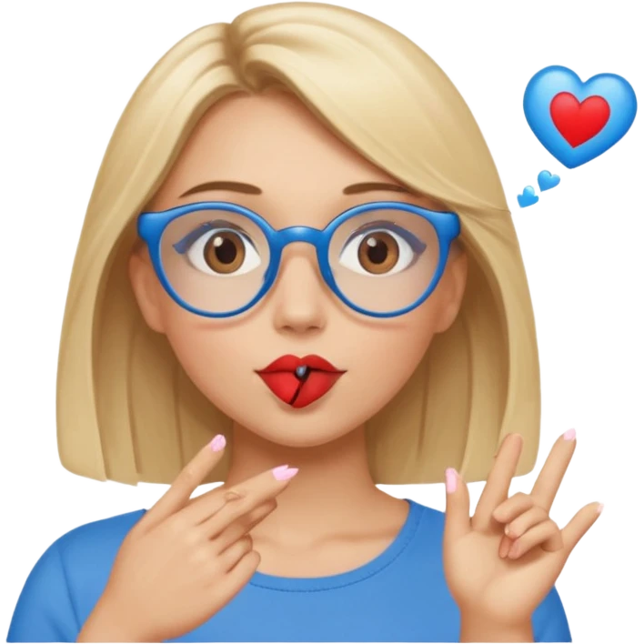 Asthectic Blonde women with a middle hair pattern, brown eyes, blue glasses, waering a brown top, blowing a kiss with hearts around her. emoji