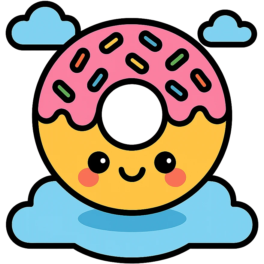 kawaii donut with rainbow sprinkles and happy face, floating in a dreamy cloud background, lineal color icon with black outlines emoji