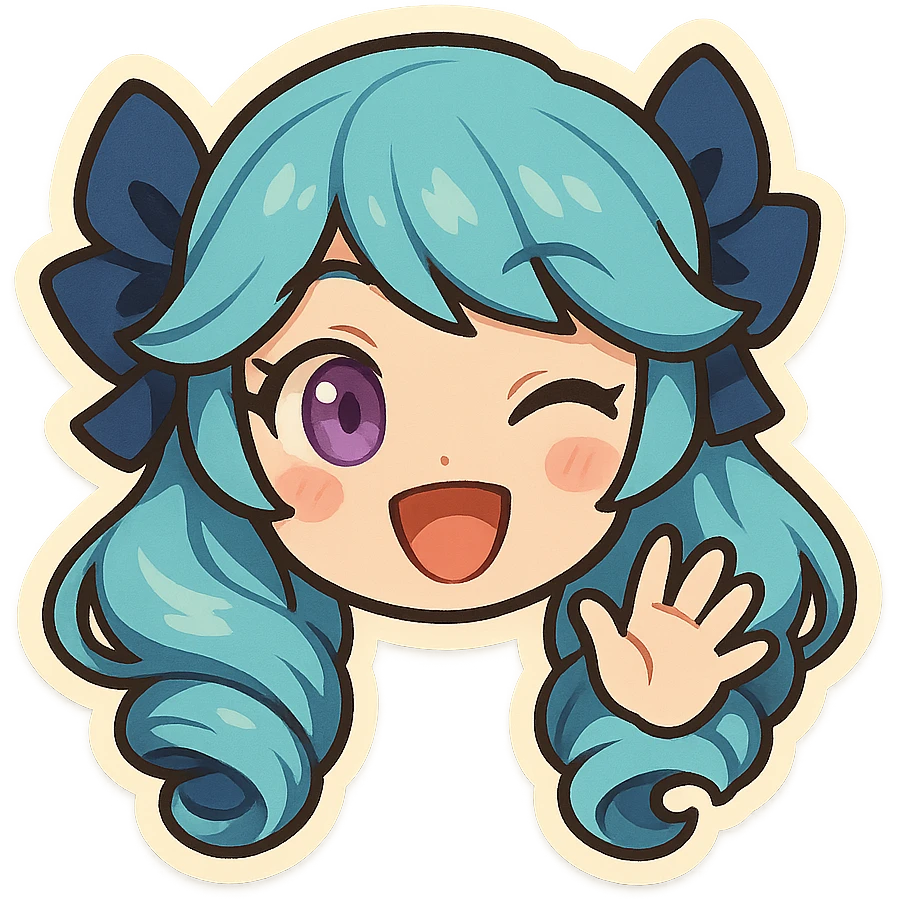 chibi style Gwen from League of Legends, only head, right eye purple, waving hi, frame 3: hand at highest point, big smile emoji