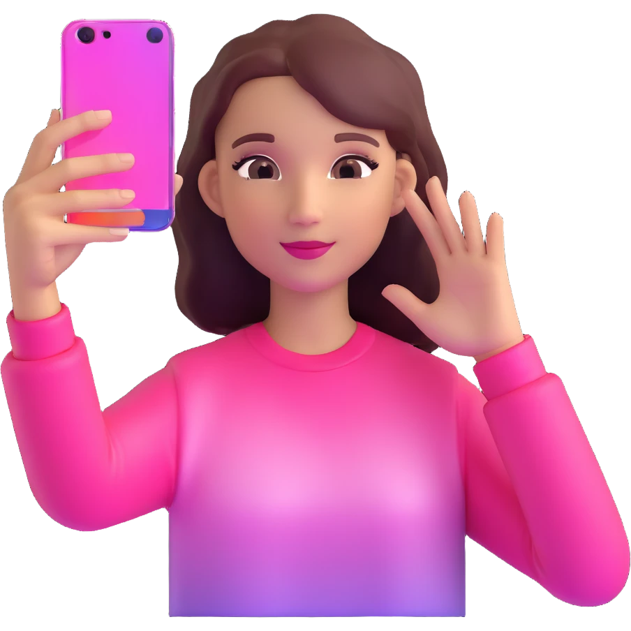 girl taking selfie, transparent glass with bright pink gradient from #FF335F to #FF99AA, highlights and reflections, minimalistic emoji