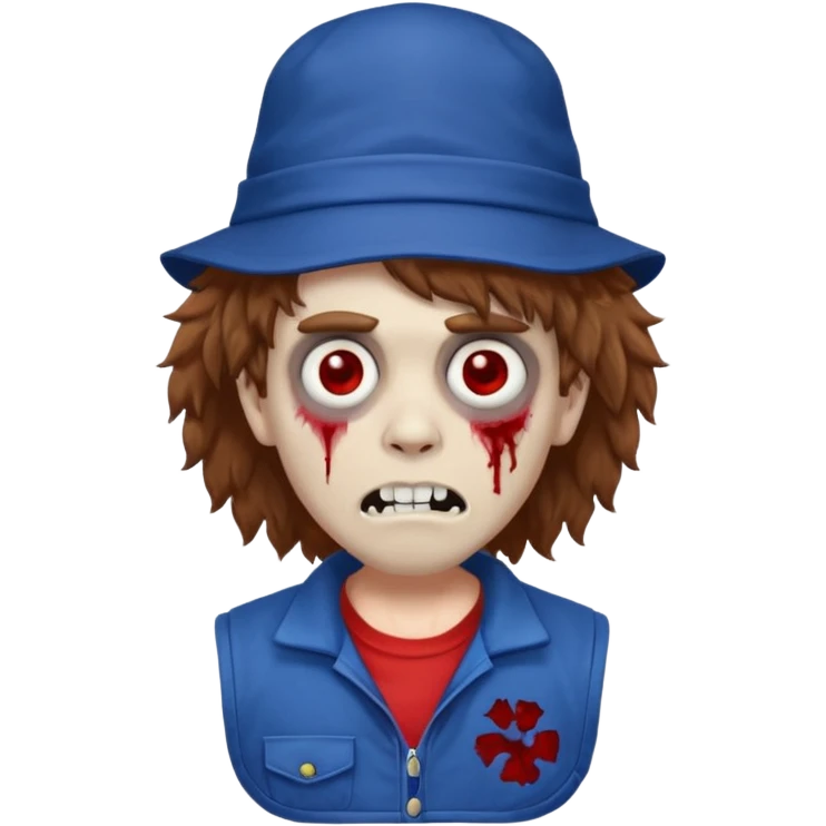 brown fluffy hair zombie with blue and white hat dark blue jilet red t shirt emoji
