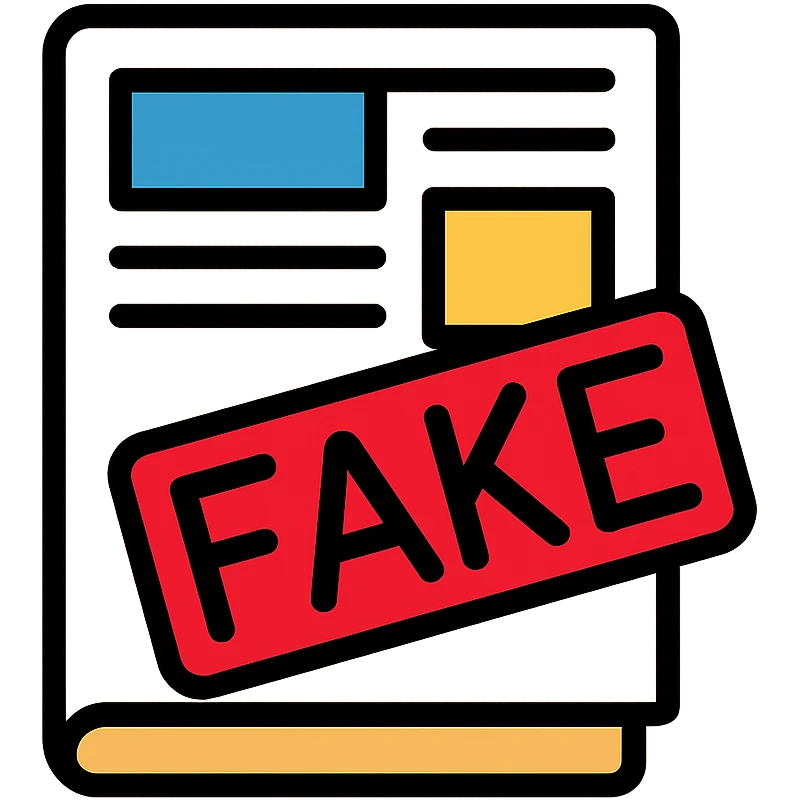 newspaper icon with a red 'FAKE' stamp across it emoji
