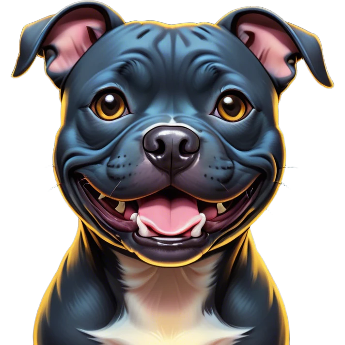 Cinematic Comical Black/Brindle Staffordshire Bull Terrier Portrait Emoji, Head tilted dramatically with an exaggeratedly amused expression, featuring a striking Fur with bold black and brindle patterns, wide, expressive dark eyes filled with playful disbelief, Simplified yet hilariously expressive features, highly detailed, glowing with a slightly sassy glow, high shine, dramatic yet playful, stylized with an air of cheeky mischief, bright and endearing, soft glowing outline, capturing the essence of a spirited and over-the-top guardian, so meme-worthy it feels like it could side-eye its way into internet fame instantly! emoji