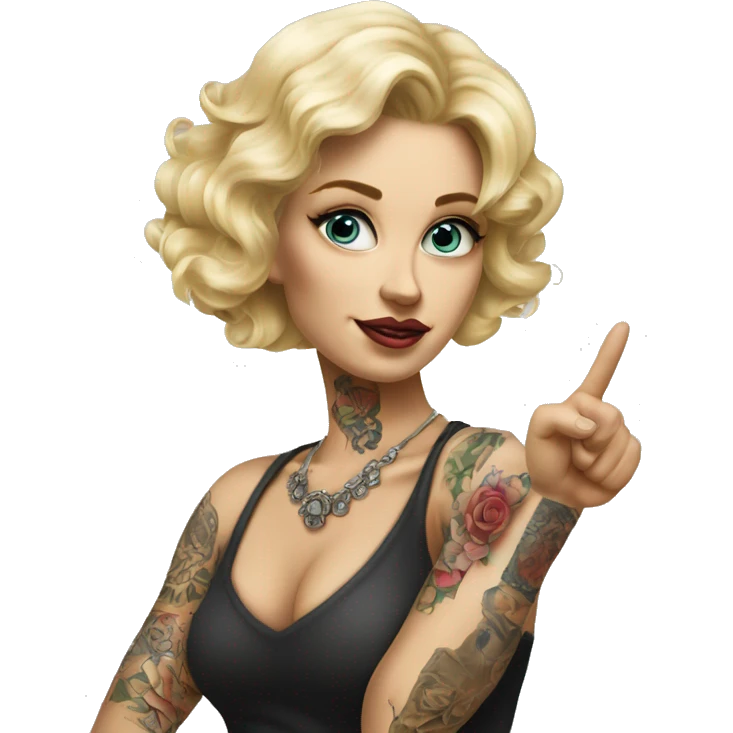 Blonde elegant women, her Body Covered with Tattoos, POINTING YOU with her ONE HAND , Hyper realistic emoji