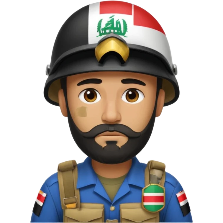 A very tired and sad, swarthy Iraqi soldier with a beard, an Iraqi flag on his helmet, a sad expression and bags under his eyes emoji