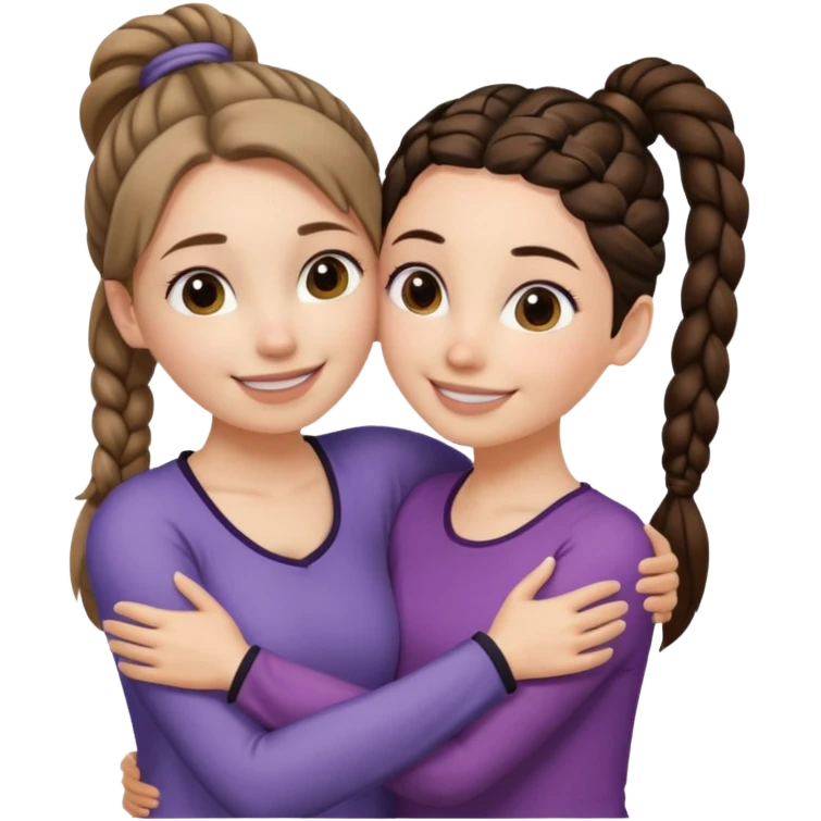 Comforting Hug two white skin women, one shorter woman with medium brown simple top ponytail, not braided, and one taller woman with a single long black side braid emoji