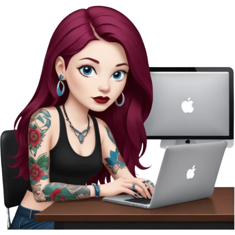 Realistic Macbook pro, side view of female, long burgundy hair, pale skin, big lips, blue eyes with tattoos, wearing black, graphic designer, sitting at work desk with MacBook open, still view emoji