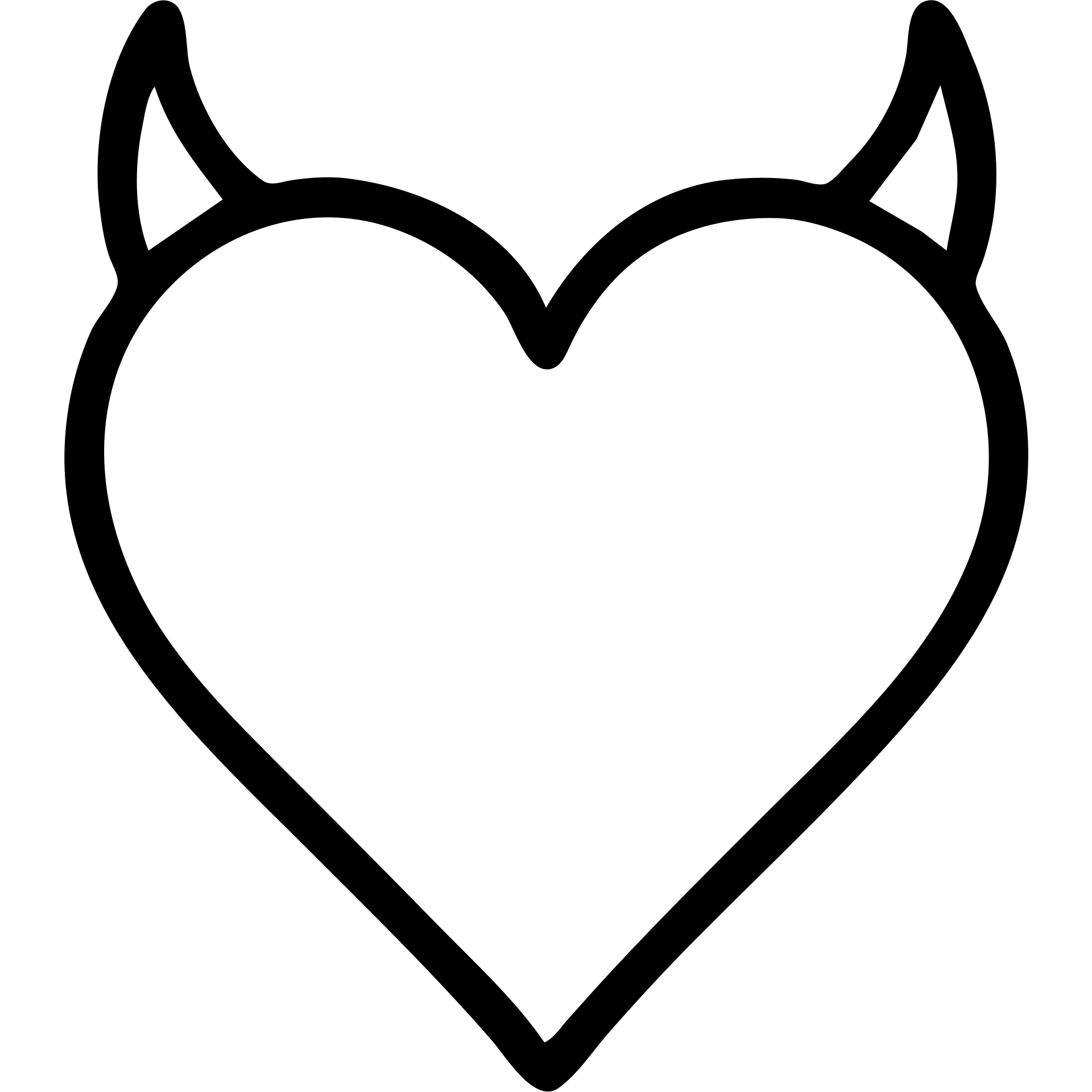 minimalist devil heart icon, thin black outline heart with tiny horns, no fill emoji
