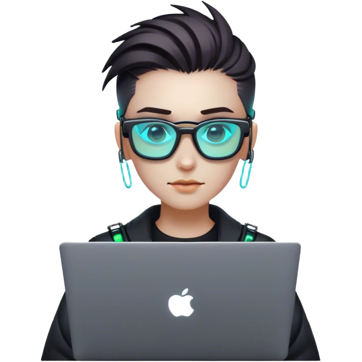 An emoji of a person with a laptop, but wearing cyberpunk glasses and with a slight neon glow emoji