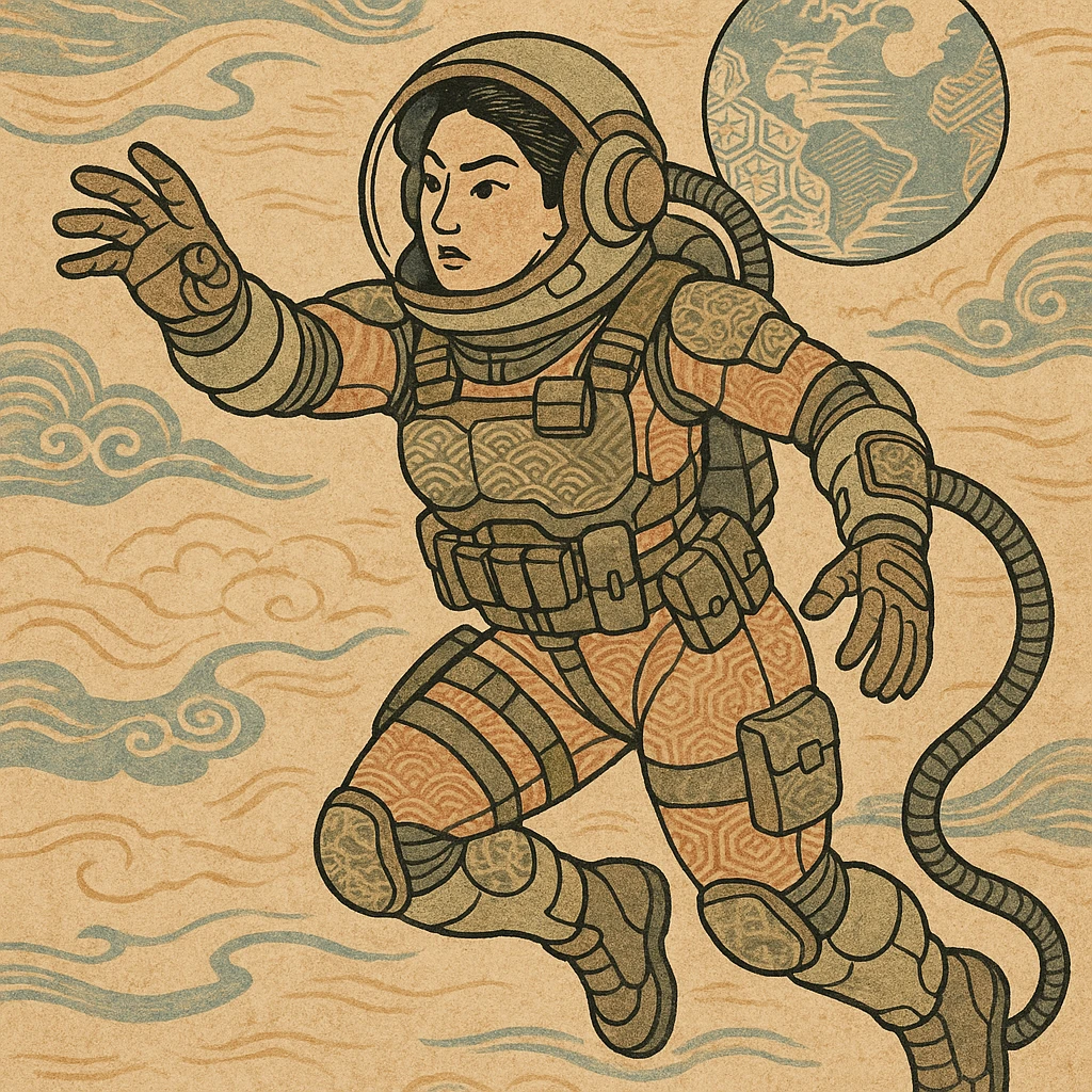 a tactical female space warrior floating in zero-g EVA operations, reaching in front of her emoji