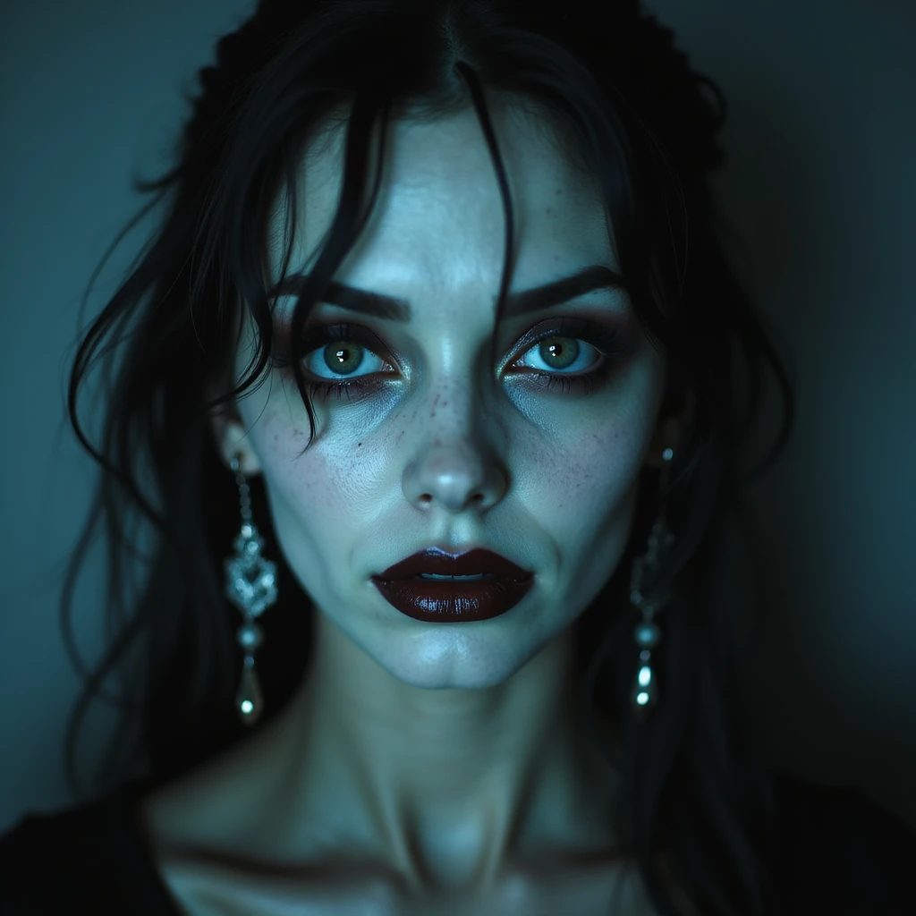 realistic horror portrait of a beautiful woman with ghostly glow, sharp features, dark lipstick, gothic earrings, supernatural horror emoji